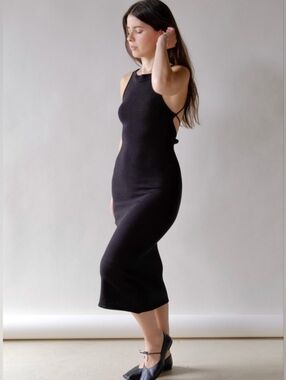 ALOHAS Delicate Strap Knit Dress Small Midi Black Open Back Lace Up